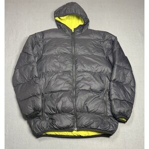 Triple Star Down Puffer Jacket Mens XL Hooded Black Yellow Y2K Quilted Full Zip